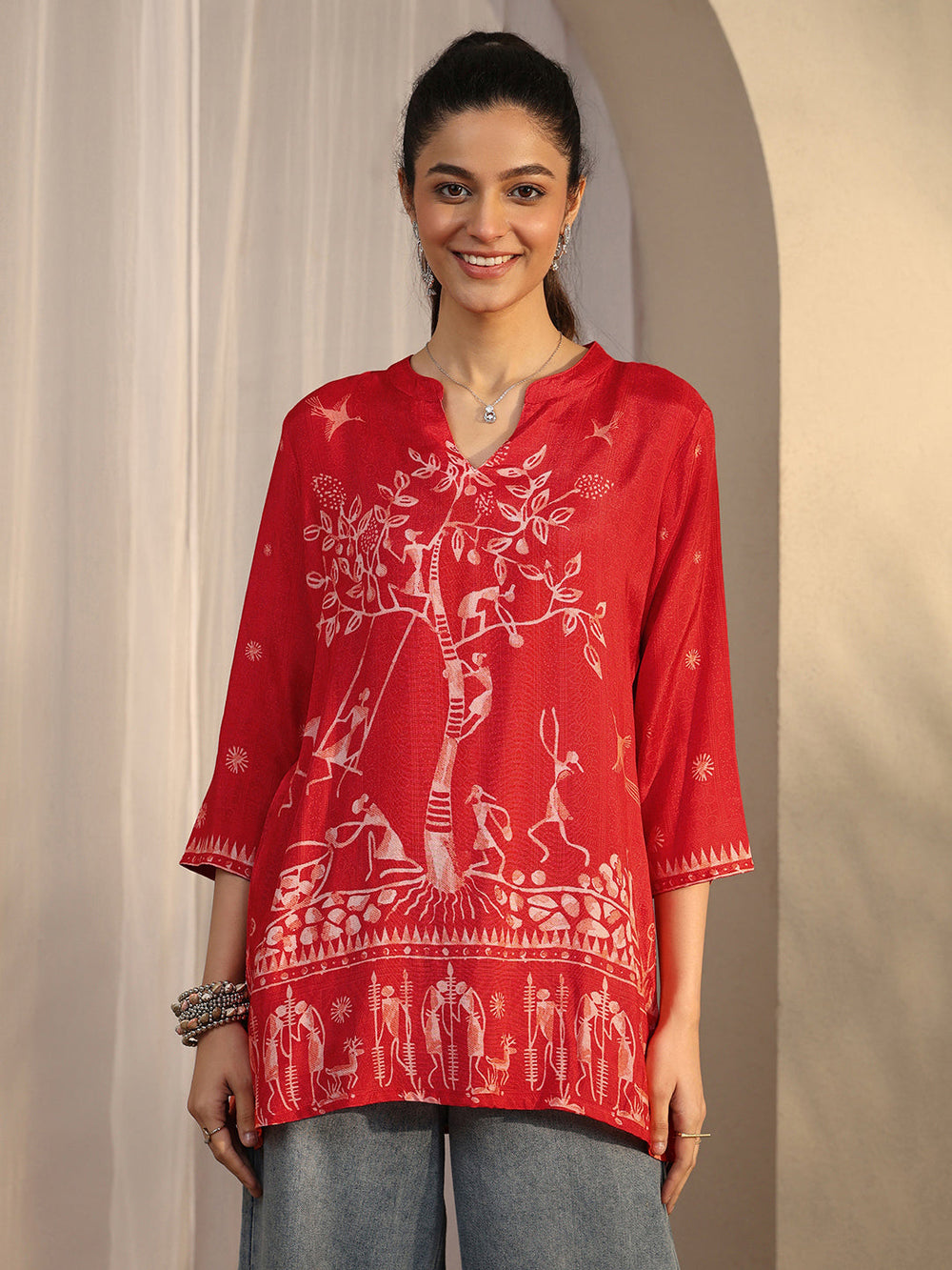 Libas printed silk blend straight short kurti for ladies, with colorful floral pattern and traditional design.