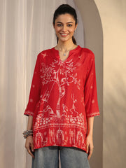 Libas printed silk blend straight short kurti for ladies, with colorful floral pattern and traditional design.