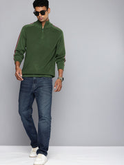 Men'S Striped Green High Neck Sweater