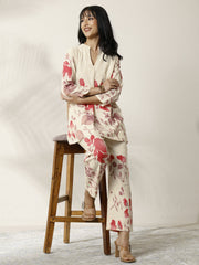 Off White Printed Cotton Blend Co-Ord Set