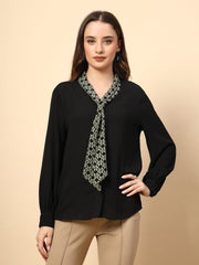 Black Polyester Top With Front Polyester Shine Button And Collar Print Tie