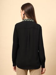 Black Polyester Top With Front Polyester Shine Button And Collar Print Tie