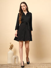 Black Dress With Embellished Collar & Cuff, Fabric Button, And Front Tie