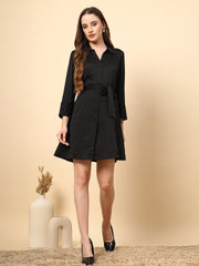 Black Dress With Embellished Collar & Cuff, Fabric Button, And Front Tie