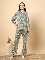 Gipsy Chic Green Co-Ord Set With Printed Fabric, Shine Button Details, And Front Knot