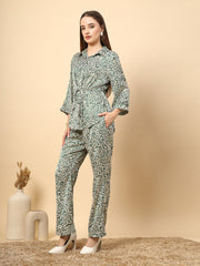 Gipsy Chic Green Co-Ord Set With Printed Fabric, Shine Button Details, And Front Knot