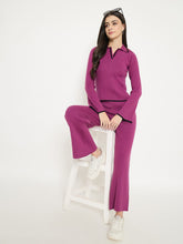 Madame Contrast Trim Top And Solid Bottoms Purple Knitted Co-Ord Set