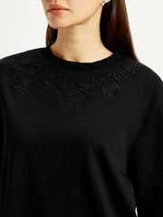 Women'S Embroidered Black Relaxed Fit T-Shirt