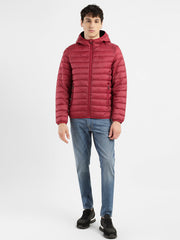 Men'S Solid Red Hooded Quilted Jacket