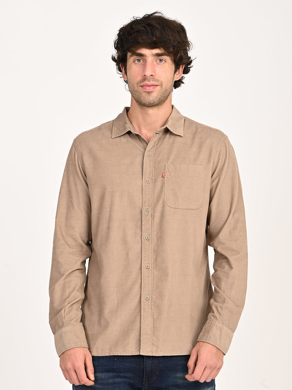 Levi's men's beige slim fit corduroy casual shirt, front view showing classic collar and button-down design.