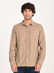 Levi's men's beige slim fit corduroy casual shirt, front view showing classic collar and button-down design.