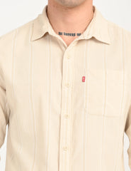 Men'S Striped Cream Slim Fit Corduroy Shirt - Goyalsons ShopMax