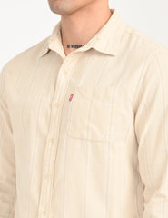 Men'S Striped Cream Slim Fit Corduroy Shirt - Goyalsons ShopMax