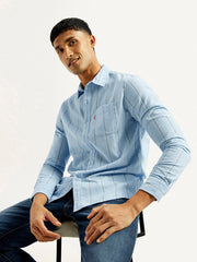 Men's light blue striped slim fit casual shirt by Levis, featuring a classic collar and button-down front.
