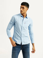 Levi's men's light blue striped slim fit casual shirt with a classic collar, shown in a close-up style shot.