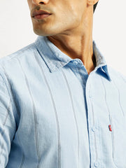 Levis men's slim fit casual shirt with light blue and white stripes, showcasing a close-up detail of the fabric and collar.