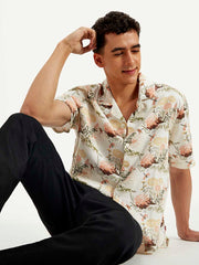 Men'S Resort Collar Floral Loose Fit Linen Shirt