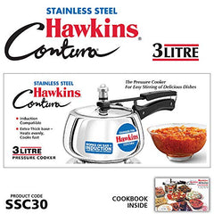 Hawkins 3 Litre Contura Pressure Cooker, Stainless Steel Inner Lid Cooker, Handi Cooker, Induction Cooker, Silver (SSC30)
