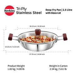 Hawkins 2.5 Litre Deep Fry Pan, Triply Stainless Steel Kadai with Glass Lid, Flat Bottom Induction Kadhai, Silver (SSD25G)