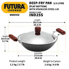 Hawkins Futura 2.5 Litre Deep Fry Pan, Non Stick Kadai with Stainless Steel Lid, Flat Bottom Induction Kadhai, Black (IND25S)