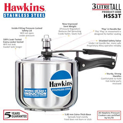 Hawkins 3 Litre Pressure Cooker, Stainless Steel Inner Lid Cooker, Induction Cooker, Silver (Hss3T), 3 Liter