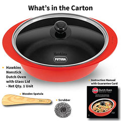 Hawkins 3 Litre Dutch Oven, Nonstick Biryani Pot, Red Ceramic Coated Casserole, Cooking Pot, Saute Pan, Red (DCDO3G)
