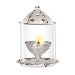 Borosil Large Nickel Akhand Diya Decorative Glass Oil Lamp | Tea Light Holder | Diya with Borosilicate Glass | Puja Dia for Mandir | Lantern Diya with Glass Cover, Nickel Diya