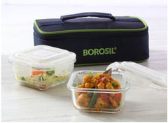 Borosil Klip n Store Lunchbox with Bag | Set of 2 Square Container (320ml Each) | Made in India Borosilicate Glass | Microwave & Dishwasher Safe | Tiffin for Office/School/College | Horizontal