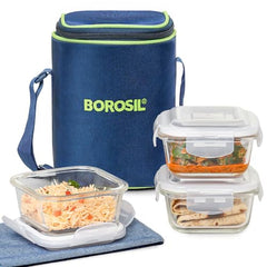 Borosil Klip n Store Lunchbox with Bag | Set of 2 Square Container (320ml Each) | Made in India Borosilicate Glass | Microwave & Dishwasher Safe | Tiffin for Office/School/College | Horizontal