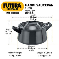 Hawkins Futura 3 Litre Handi, Hard Anodised Sauce Pan and Lid, Saucepan with Two Short Handles, Biryani Handi, Black (AH3S), Aluminium