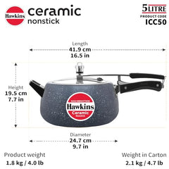 Hawkins 5 Litre Ceramic Nonstick Pressure Cooker, Induction Inner Lid Cooker, Granite Contura shaped Cooker, Blue (ICC50)
