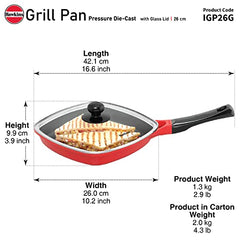 Hawkins 26 cm Grill Pan, Non Stick Die Cast Grilling Pan with Glass Lid, Square Grill Pan for Gas Stove, Ceramic Coated Pan, Red (IGP26G)
