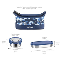 MILTON Camo Delight Stainless Steel Tiffin (2 Click Lock Round Containers, 380 ml Each; 1 Oval Container, 450 ml) with Insulated Jacket, Assorted Colors | Leak & Odour Proof | Office Lunch Box