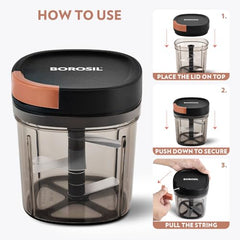 Borosil EazyPull Chopper with 6 Blades, Pull Chopper with Durable String, Mini Chopper for Kitchen, for Chopping Vegetables, Leafy Greens & Herbs, BPA-Free, Unbreakable 900 ml Chopping Bowl