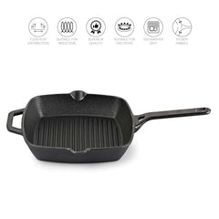 Cello Ironica Pre-Seasoned Cast Iron Grill Pan with Long Handle, 24 CM Black | No Chemical Coating & Toxin Free, Gas Stove & Induction Compatible Iron Grill Pan for Frying, Cooking | 5 Year Warranty