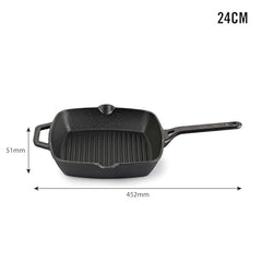 Cello Ironica Pre-Seasoned Cast Iron Grill Pan with Long Handle, 24 CM Black | No Chemical Coating & Toxin Free, Gas Stove & Induction Compatible Iron Grill Pan for Frying, Cooking | 5 Year Warranty