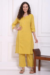 W for Woman Yellow Embroidered Pure Cotton Straight Kurta and Pants Co-ord Set