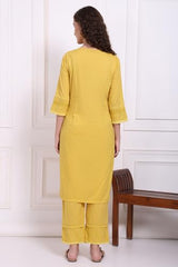 W for Woman Yellow Embroidered Pure Cotton Straight Kurta and Pants Co-ord Set