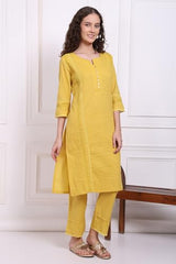 W for Woman Yellow Embroidered Pure Cotton Straight Kurta and Pants Co-ord Set