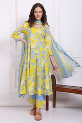 W for Woman Blue Bold Floral Printed Pure Cotton Flared Kurta, Straight Pants and Dupatta Set