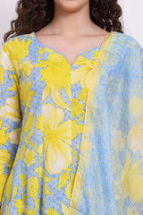 W for Woman Blue Bold Floral Printed Pure Cotton Flared Kurta, Straight Pants and Dupatta Set