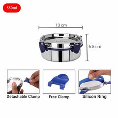 PDDFALCON Food Grade Certified Stainless Steel Eco Nxt Airtight Storage Container With Extra Clamp, Blue (550Ml) With 100% Leakproof With BIS Certified, Jindal Seal & Made In India