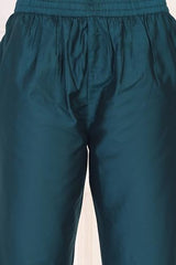 W for Woman Turquoise Embroidered Zari Sequined Straight Silk Blend Kurta with Straight Pant and Dupatta Set