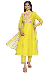 W for Woman Floral Embroidered Flared Chanderi Kurta with Straight Pant and Dupatta Set - Yellow