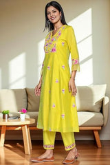 W for Woman Floral Embroidered Flared Chanderi Kurta with Straight Pant and Dupatta Set - Yellow