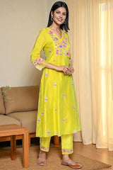W for Woman Floral Embroidered Flared Chanderi Kurta with Straight Pant and Dupatta Set - Yellow