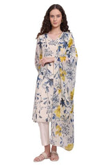 W for Woman Ecru Floral Printed Chiffon Flared Kurta, Pants and Dupatta Set