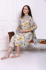 W for Woman Ecru Floral Printed Chiffon Flared Kurta, Pants and Dupatta Set