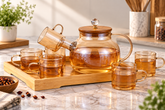 Lyte Club Elegant Glass Teapot Set with 6 Cups & Serving Tray