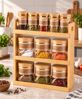 Lyte Club Premium Glass Masala Jar Set with Wooden Stand – 12 Pc